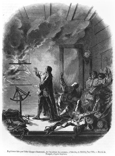Jean Chappe dAuteroche（1722-69）1761年の電気の実験、シベリア、トボリスク、ルマガシンピトレスク、1855年のイラスト（bw写真） 作： Hippolyte Louis Pauquet